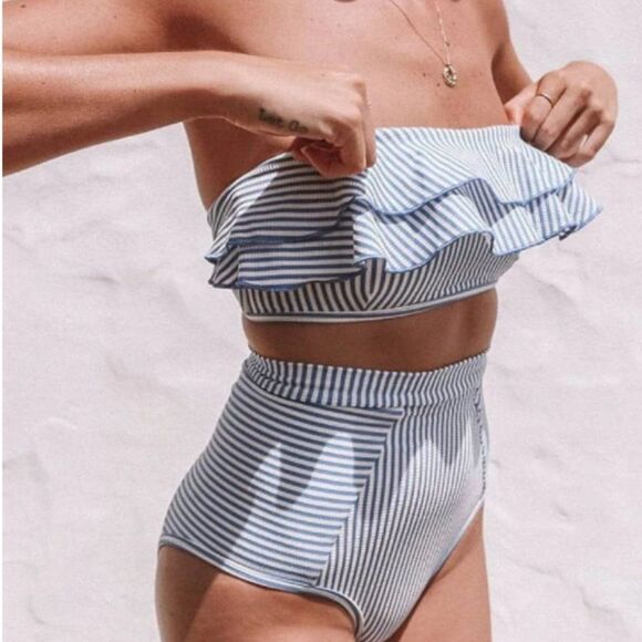 High Waisted Striped Bikini in White & Blue (M) - Picture 7 of 8